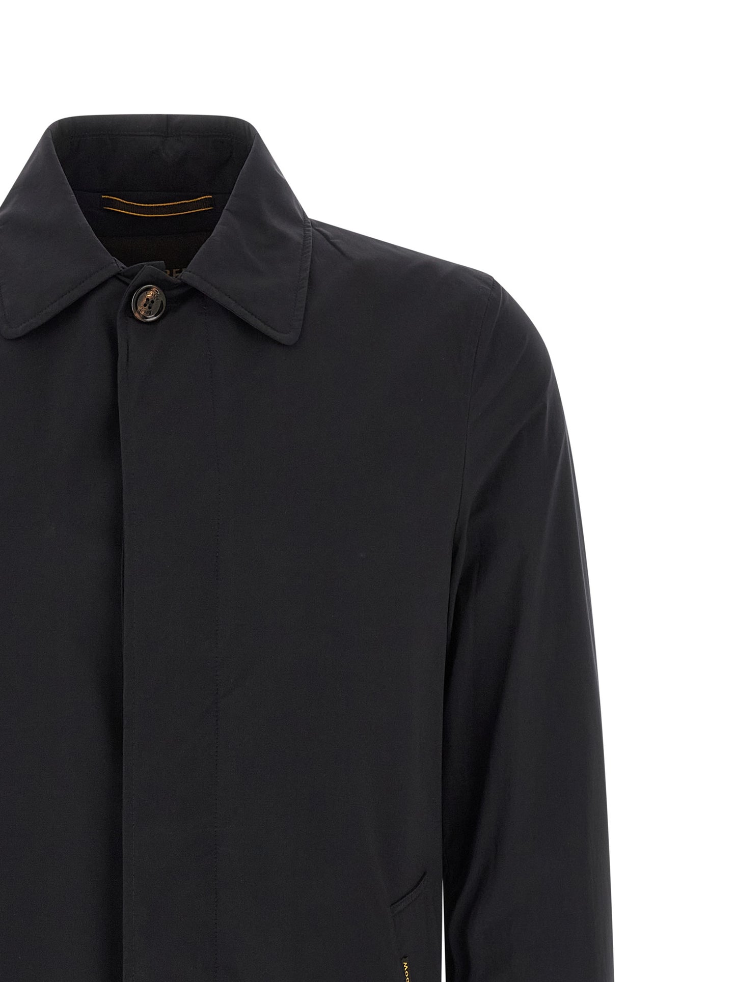 Trench Coat by MooRER for men in stretch polyamide and blue presents a exquisite silhouette, showcasing a exquisite split shirt-collar neckline and functional pockets for an elevated aesthetic.