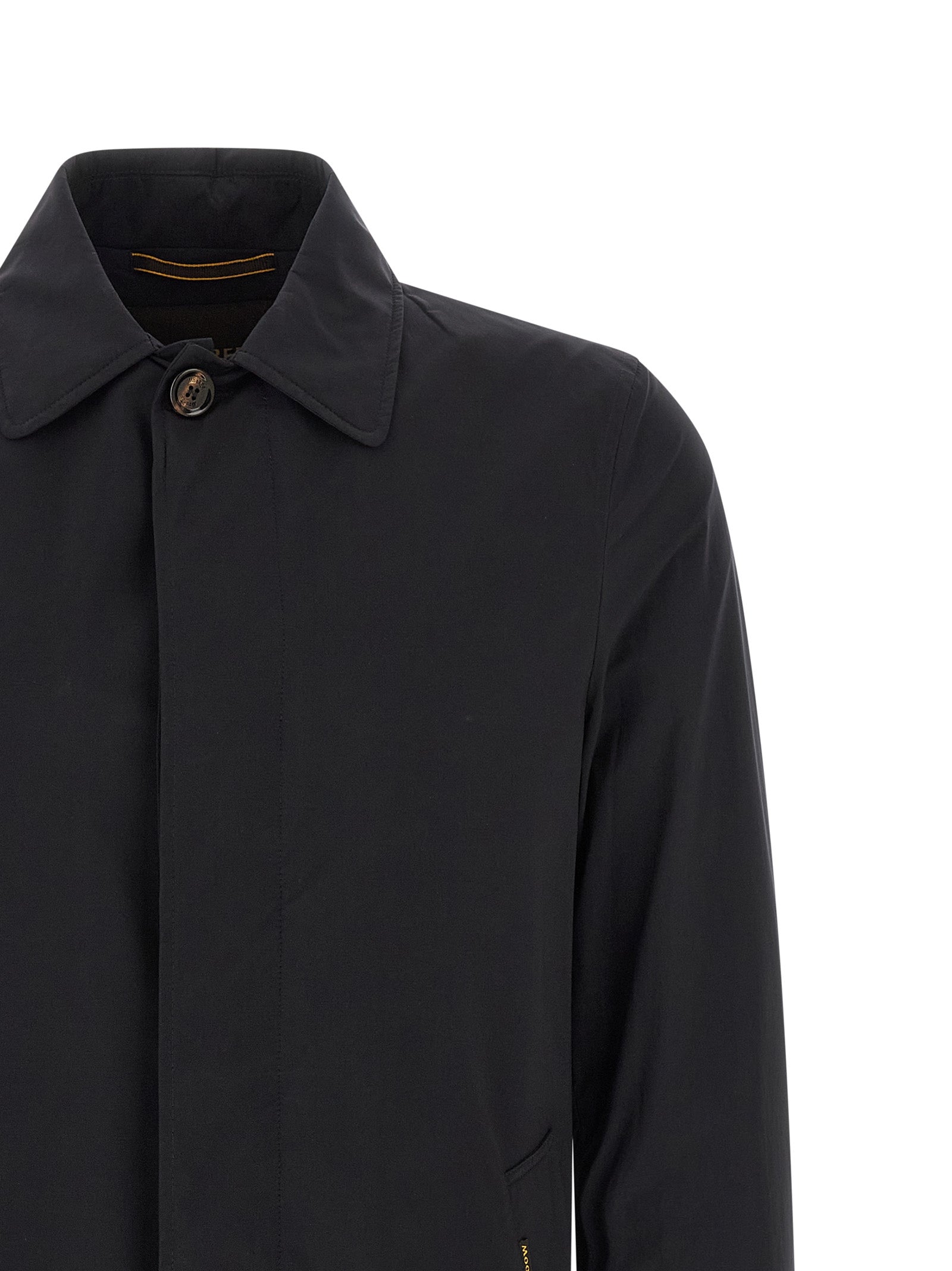Trench Coat by MooRER for men in stretch polyamide and blue presents a exquisite silhouette, showcasing a exquisite split shirt-collar neckline and functional pockets for an elevated aesthetic.