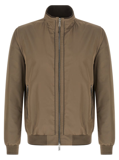 Bomber Jacket by MooRER for men in polyester beige features a dramatic silhouette, showcasing a sophisticated and distinctive pockets for a dramatic aesthetic.