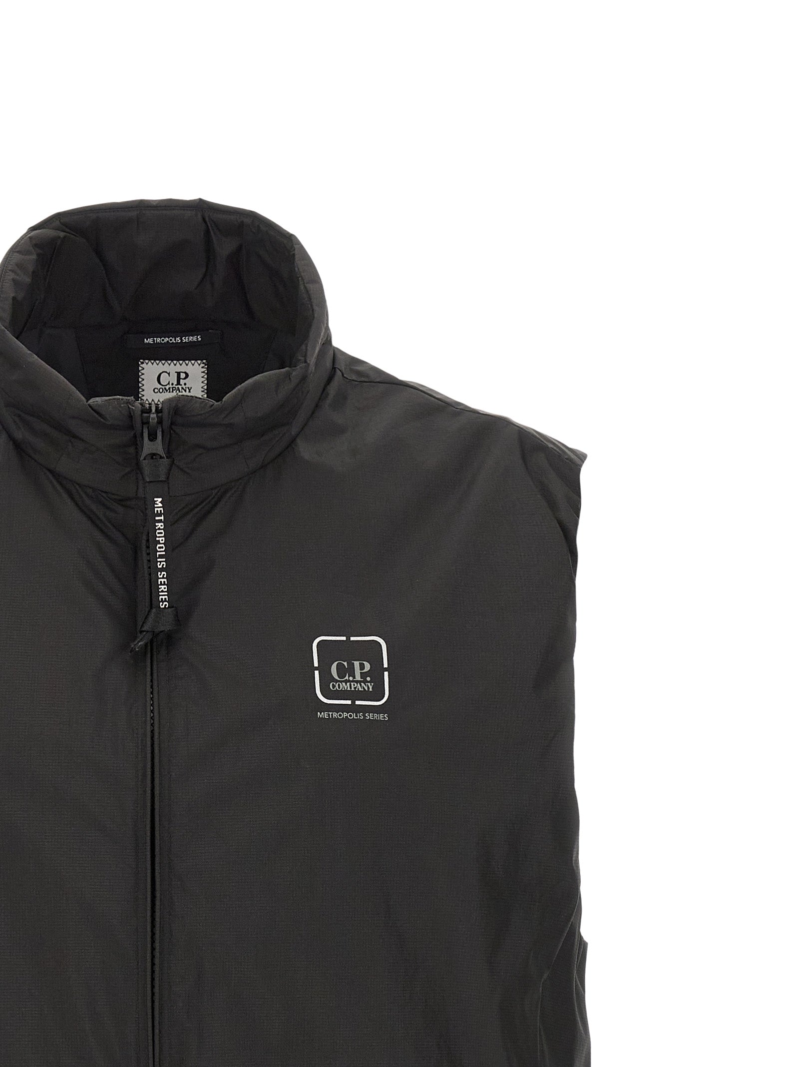 Vest by C.P. Company for men in polyamide black features an on trend silhouette, showcasing a sophisticated and premium breathable-design, water-resistant, pockets & insulated for a truly on trend finish.