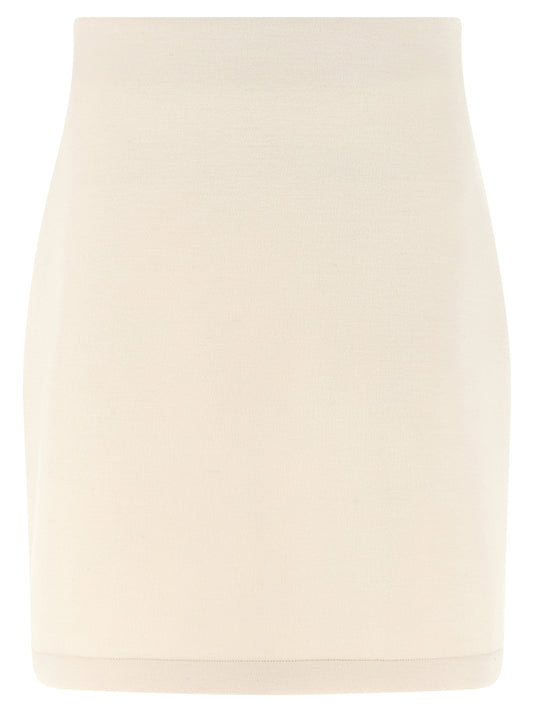 Skirt by Fabiana Filippi for women in modal polyurethane & cashmere beige showcases a dramatic silhouette, artfully capturing the essence of the Women's Flared Modal Polyurethane & Cashmere Mini Long Skirt in a dramatic mini long cut for a refined look.