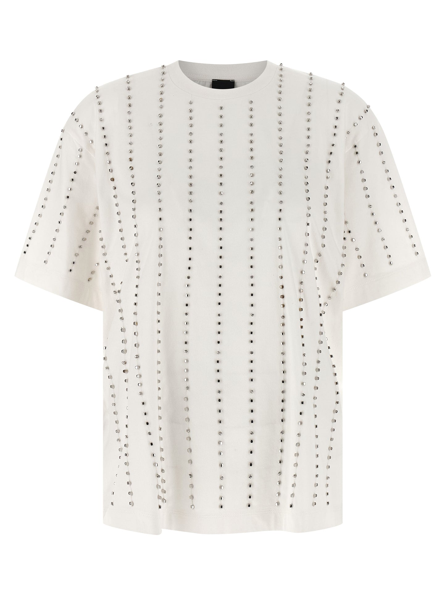 T-Shirt by PINKO for women in cotton & crystal white & striped showcases a dramatic silhouette, elegantly detailed with a dramatic crew neckline and short-sleeve for a truly dramatic finish.