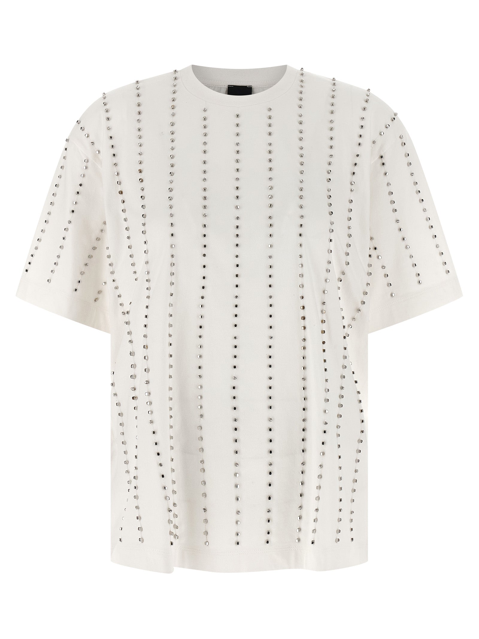 T-Shirt by PINKO for women in cotton & crystal white & striped showcases a dramatic silhouette, elegantly detailed with a dramatic crew neckline and short-sleeve for a truly dramatic finish.