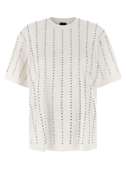 T-Shirt by PINKO for women in cotton & crystal white & striped showcases a dramatic silhouette, elegantly detailed with a dramatic crew neckline and short-sleeve for a truly dramatic finish.