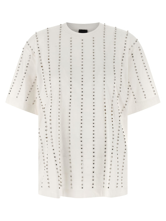 T-Shirt by PINKO for women in cotton & crystal white & striped showcases a dramatic silhouette, elegantly detailed with a dramatic crew neckline and short-sleeve for a truly dramatic finish.