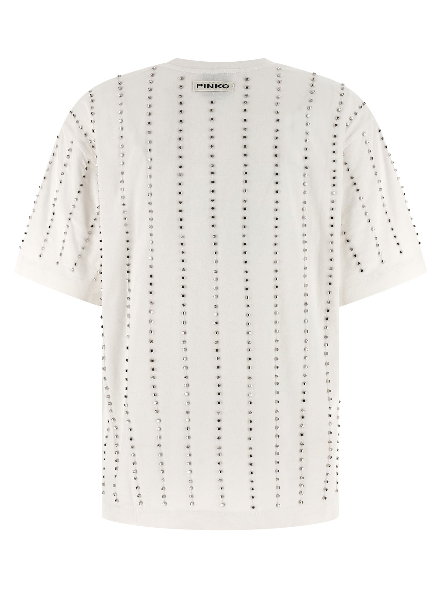 T-Shirt by PINKO for women in cotton & crystal white & striped features a plush silhouette, showcasing a sophisticated crew neckline and for a truly plush finish.