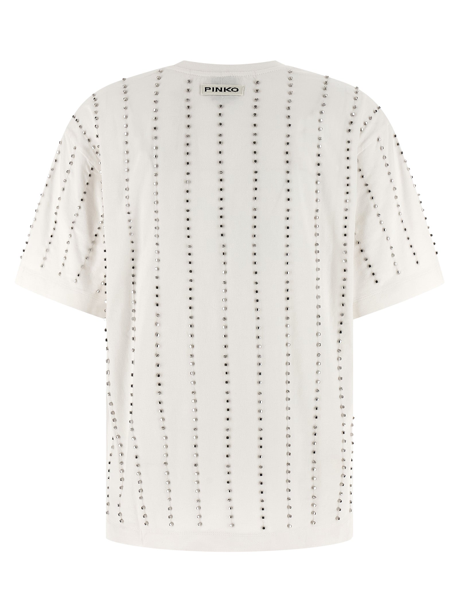 T-Shirt by PINKO for women in cotton & crystal white & striped features a plush silhouette, showcasing a sophisticated crew neckline and for a truly plush finish.