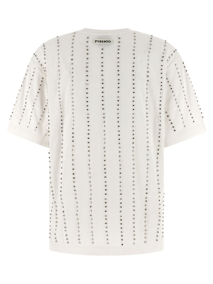 T-Shirt by PINKO for women in cotton & crystal white & striped features a plush silhouette, showcasing a sophisticated crew neckline and for a truly plush finish.