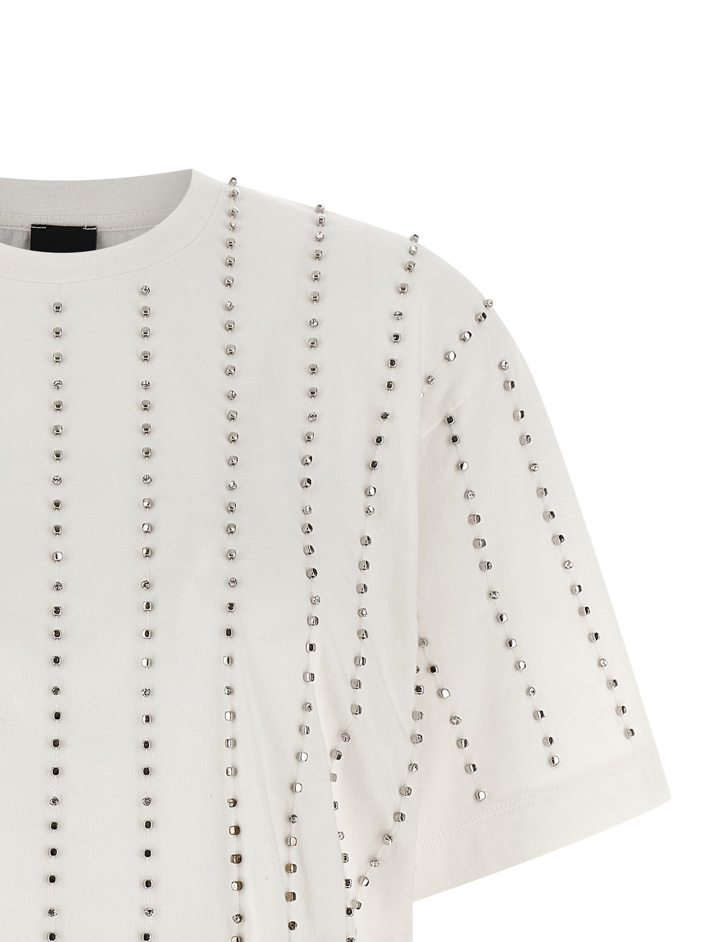 T-Shirt by PINKO for women in cotton & crystal white & striped features an edgy silhouette, meticulously detailed with a sophisticated and crew neckline for a truly edgy finish.