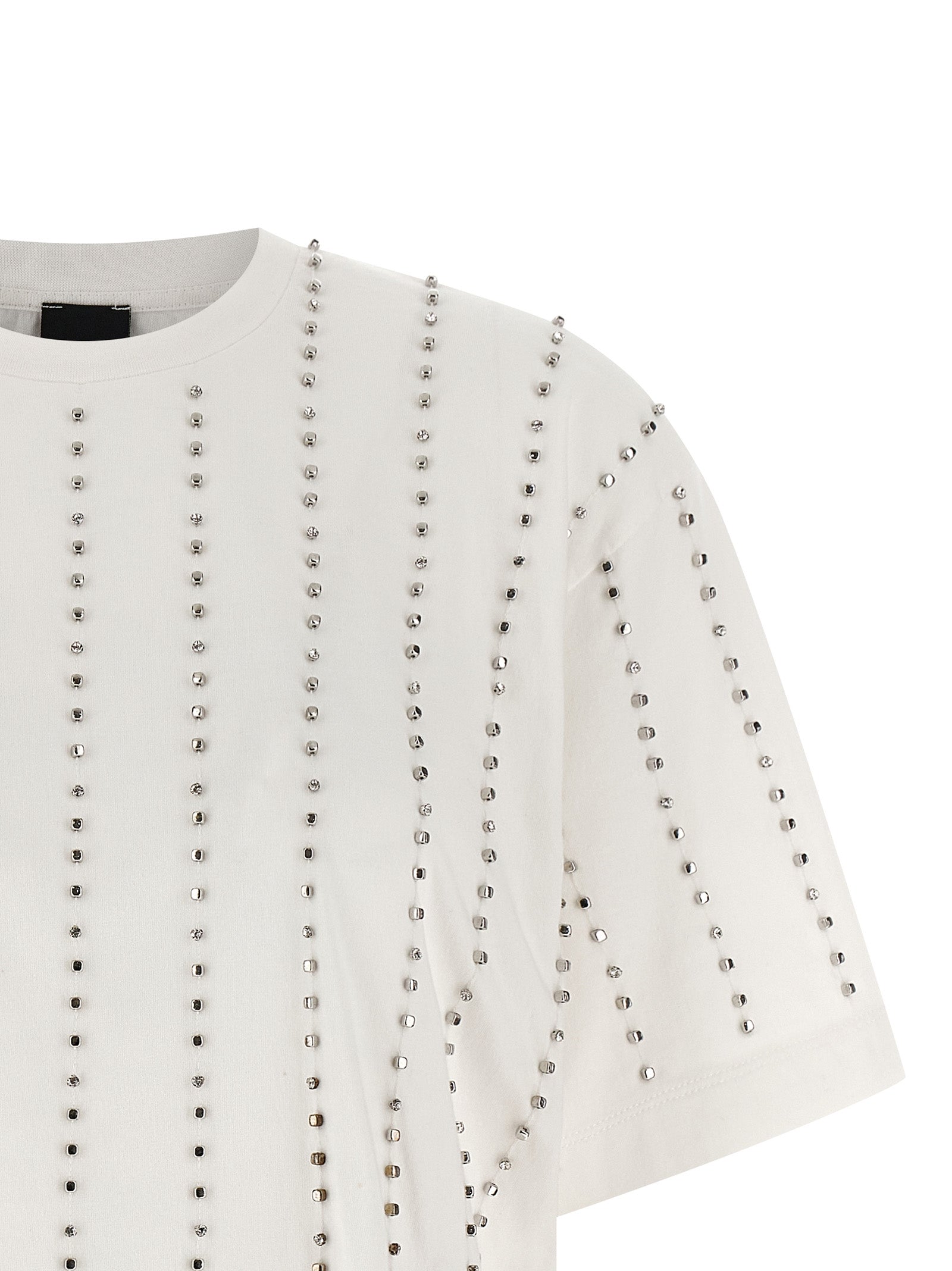 T-Shirt by PINKO for women in cotton & crystal white & striped features an edgy silhouette, meticulously detailed with a sophisticated and crew neckline for a truly edgy finish.