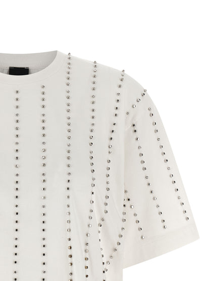 T-Shirt by PINKO for women in cotton & crystal white & striped features an edgy silhouette, meticulously detailed with a sophisticated and crew neckline for a truly edgy finish.
