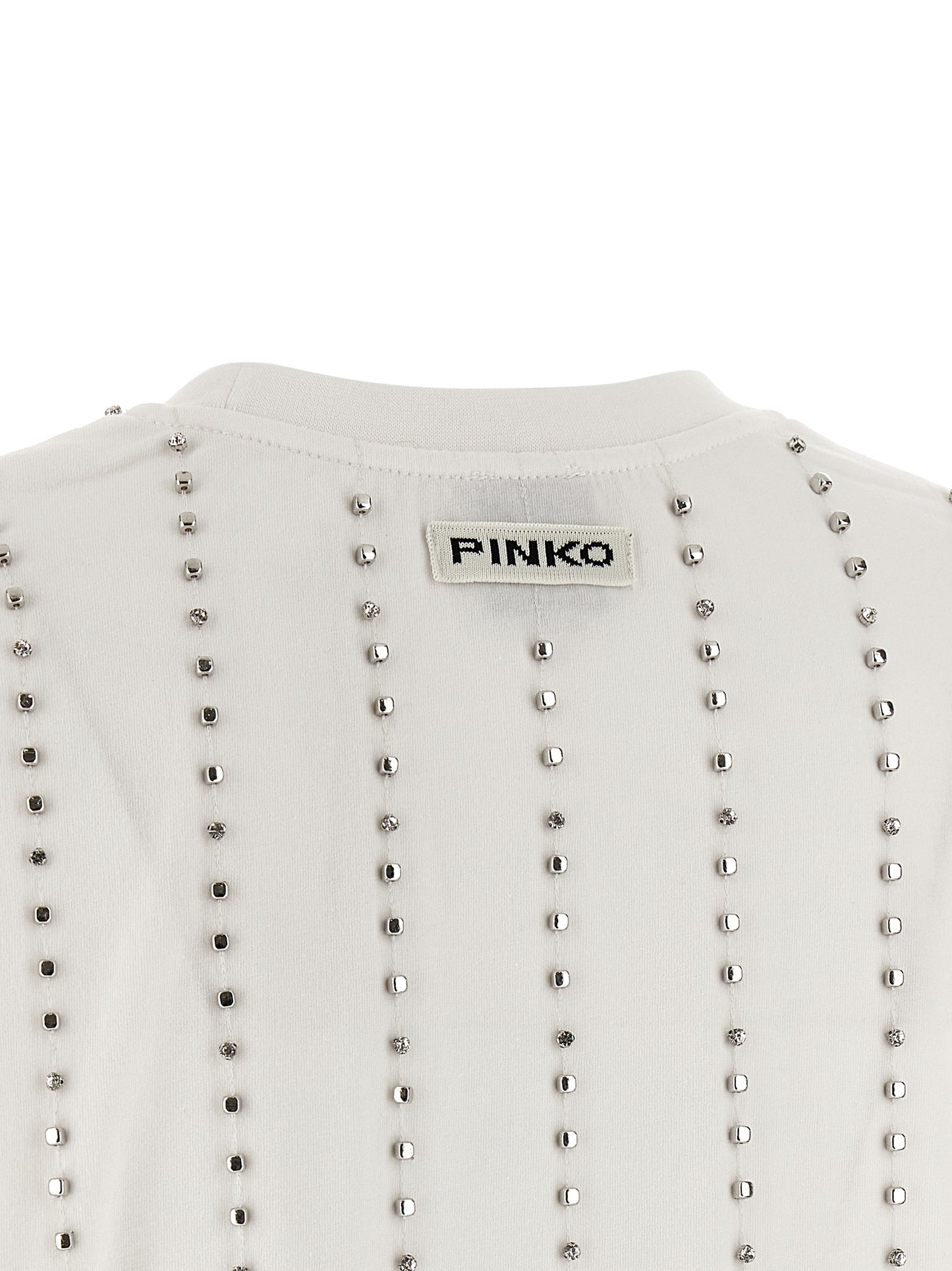 T-Shirt by PINKO for women in cotton & crystal white & striped features an on trend silhouette, perfectly showcasing a on trend and for an elevated aesthetic.
