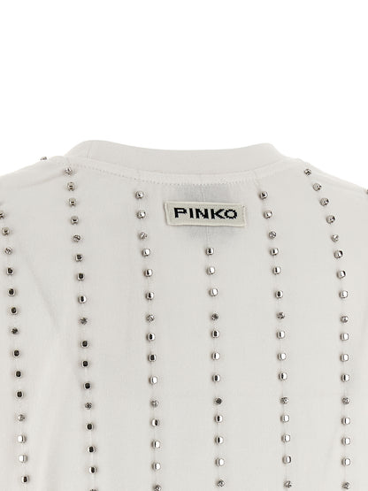 T-Shirt by PINKO for women in cotton & crystal white & striped features an on trend silhouette, perfectly showcasing a on trend and for an elevated aesthetic.