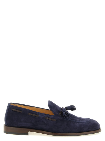 Loafer Slip-On Shoes by Brunello Cucinelli for men in bos taurus suede calfskin leather blue features an dynamic silhouette from the Men's Bos Taurus Suede Calfskin Leather Loafer Slip-On Shoes collection, defined by a dynamic and for a dynamic look.