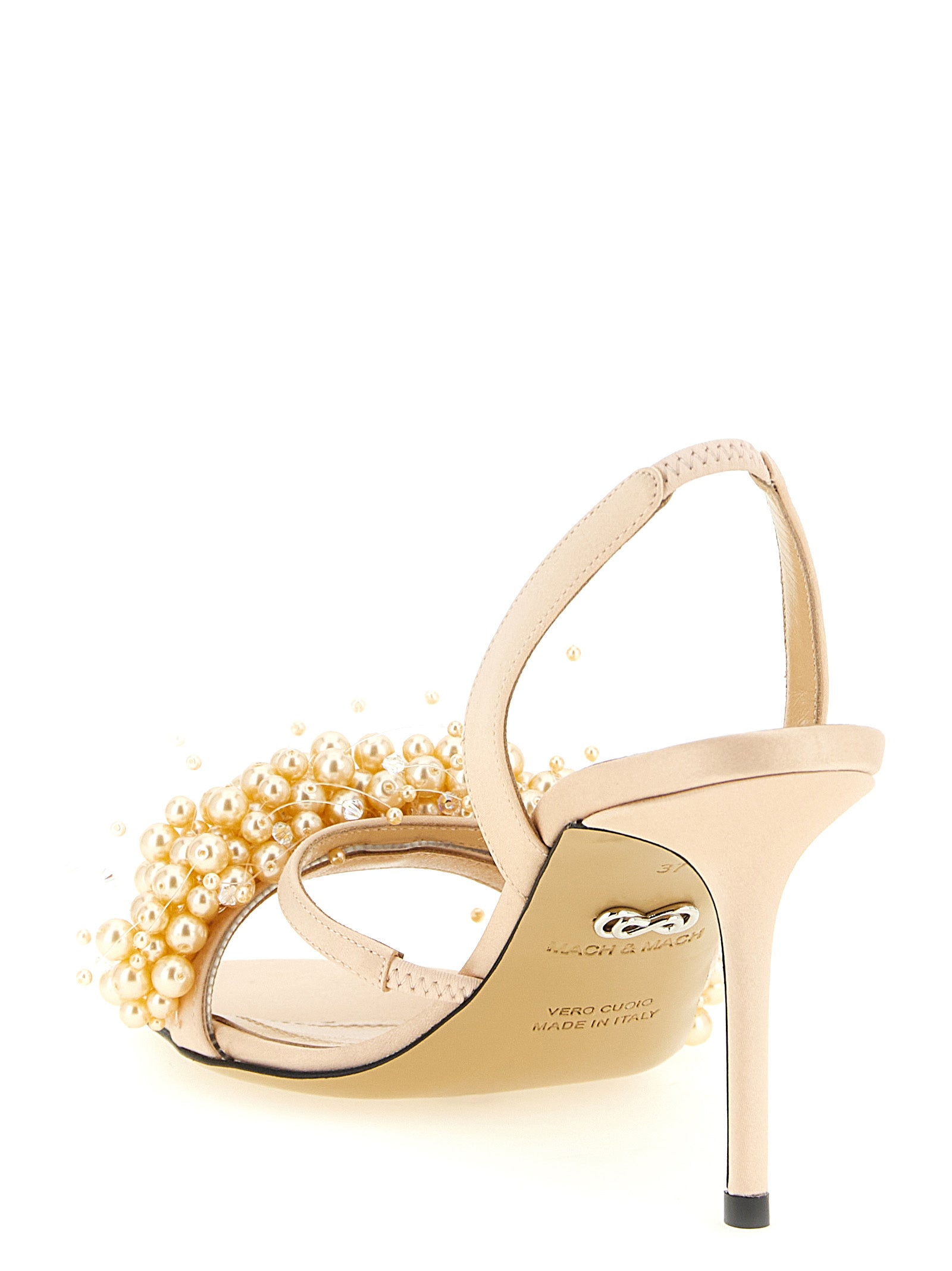 Stiletto Sandals by MACH & MACH for women in leather & satin and gold & pearl presents a captivating silhouette, showcasing the signature style of the Women's Leather & Satin Stiletto Sandals with a captivating stiletto and captivating .