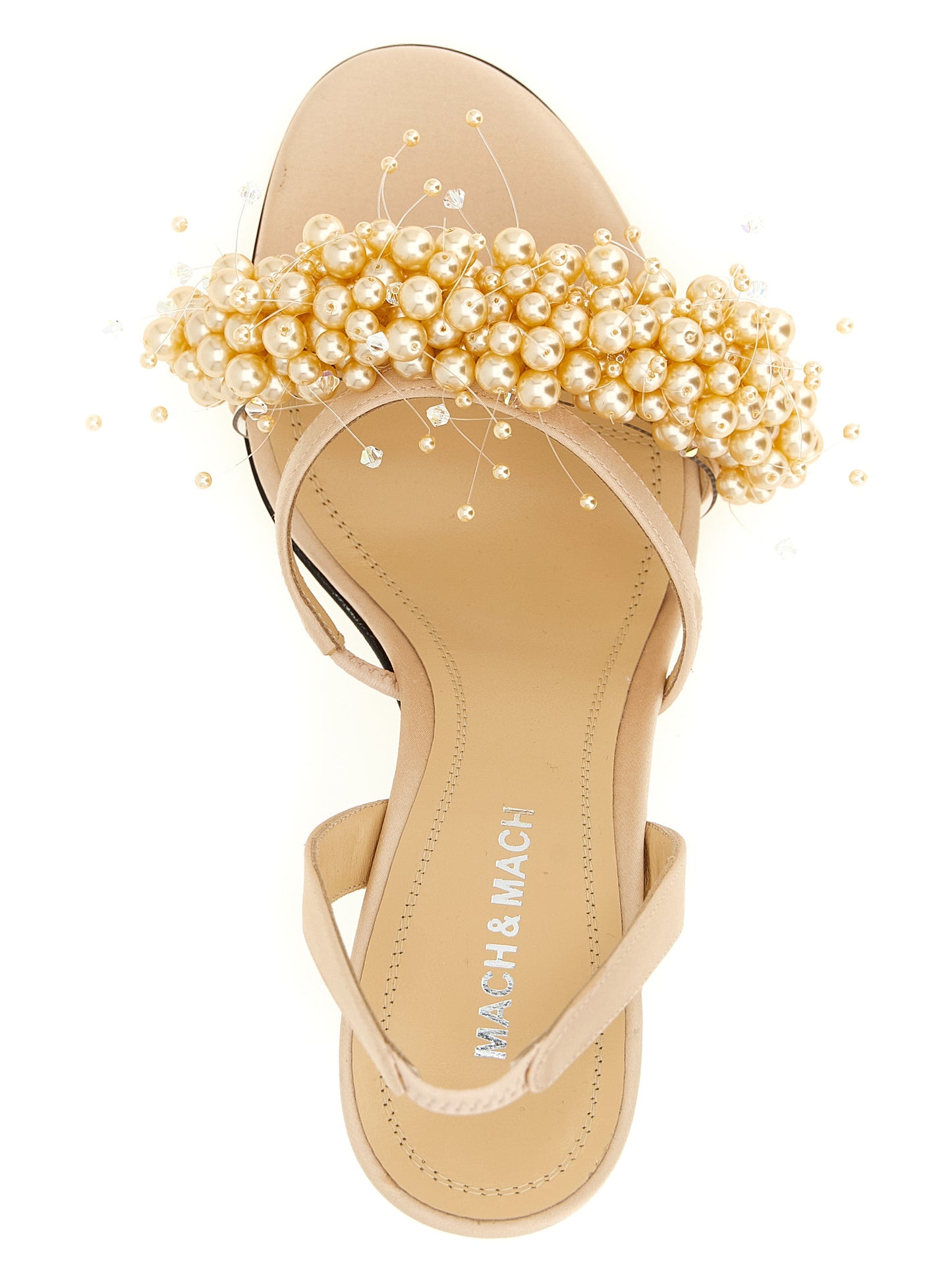 Stiletto Sandals by MACH & MACH for women in leather & satin gold & pearl features an exquisite silhouette, showcasing the exquisite Women's Leather & Satin Stiletto Sandals with a stiletto and .
