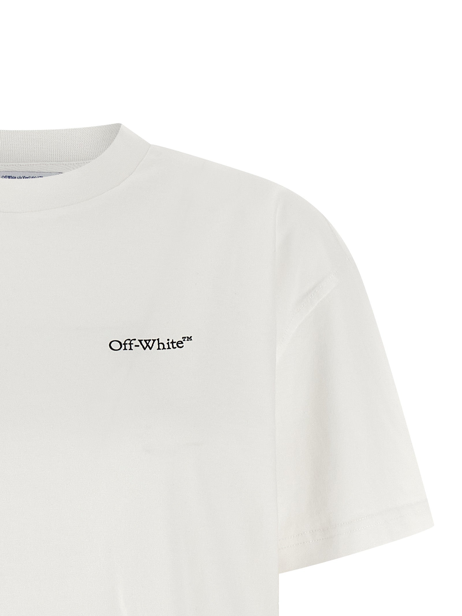T-Shirt by Off-White for women in cotton white & print showcases a fashionable silhouette, elegantly detailed with a fashionable and crew neckline for a sophisticated, high-fashion look.