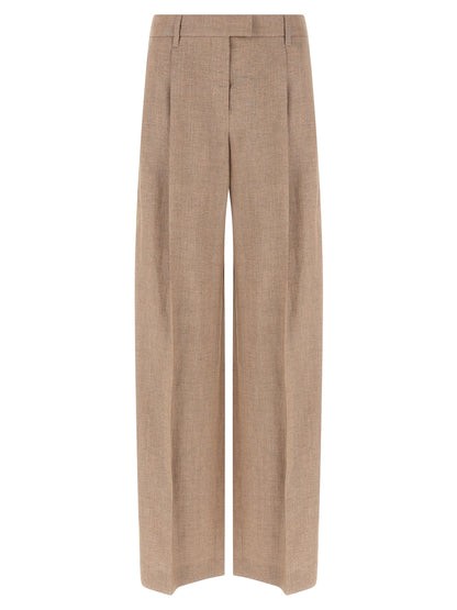 Trousers by Brunello Cucinelli for women in polyamide metallized fiber twill multicolor, pink & signature features a tailored silhouette with a tailored flared & wide, defined by its long and a sophisticated .