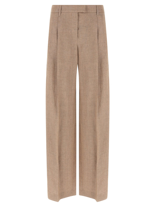 Trousers by Brunello Cucinelli for women in polyamide metallized fiber twill multicolor, pink & signature features a tailored silhouette with a tailored flared & wide, defined by its long and a sophisticated .