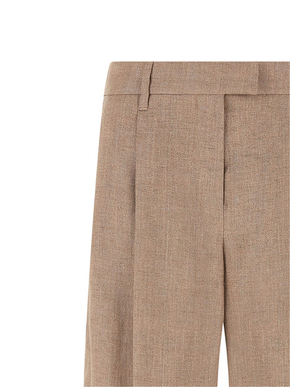 Trousers by Brunello Cucinelli for women in polyamide metallized fiber twill multicolor, pink & signature presents a smart silhouette, meticulously detailed with a smart flared & wide, a smart long, and a smart .