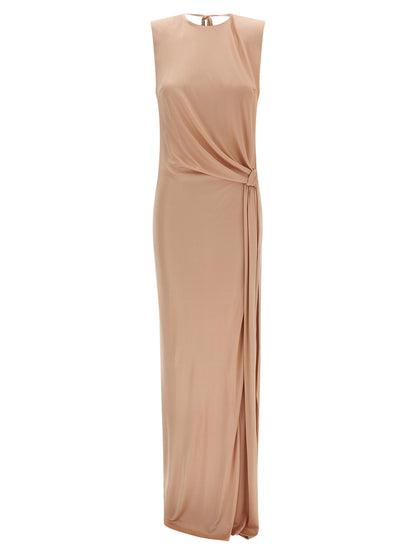 Dress by Elisabetta Franchi for women in viscose multicolor, pink & red features an eye catching silhouette with a sophisticated crew split neckline, elegant sleeveless, and a refined maxi long for a eye catching aesthetic.