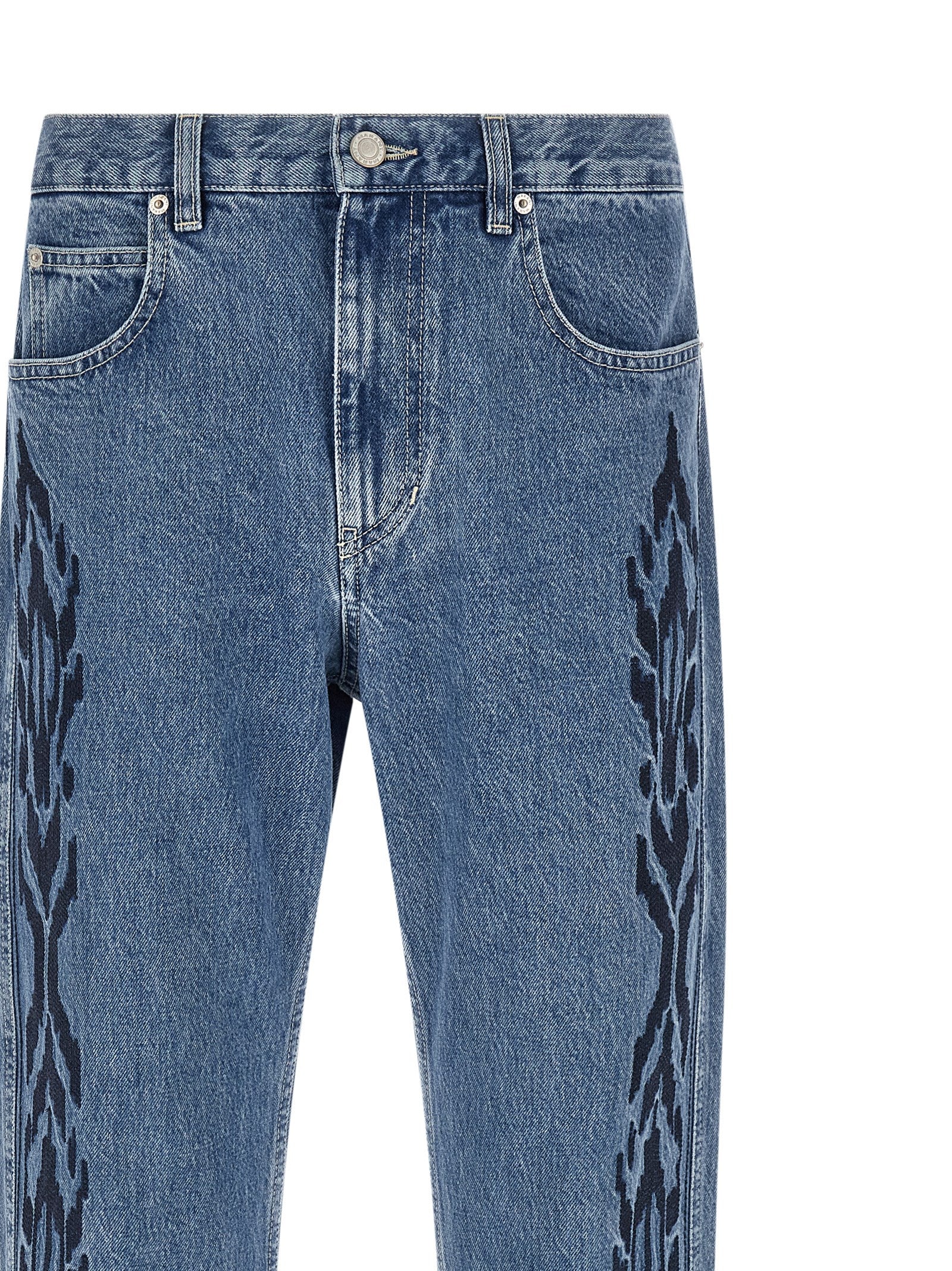Jeans by Isabel Marant for men in cotton denim blue features a polished silhouette with a polished straight-leg, reaching a polished long and finished with a polished .