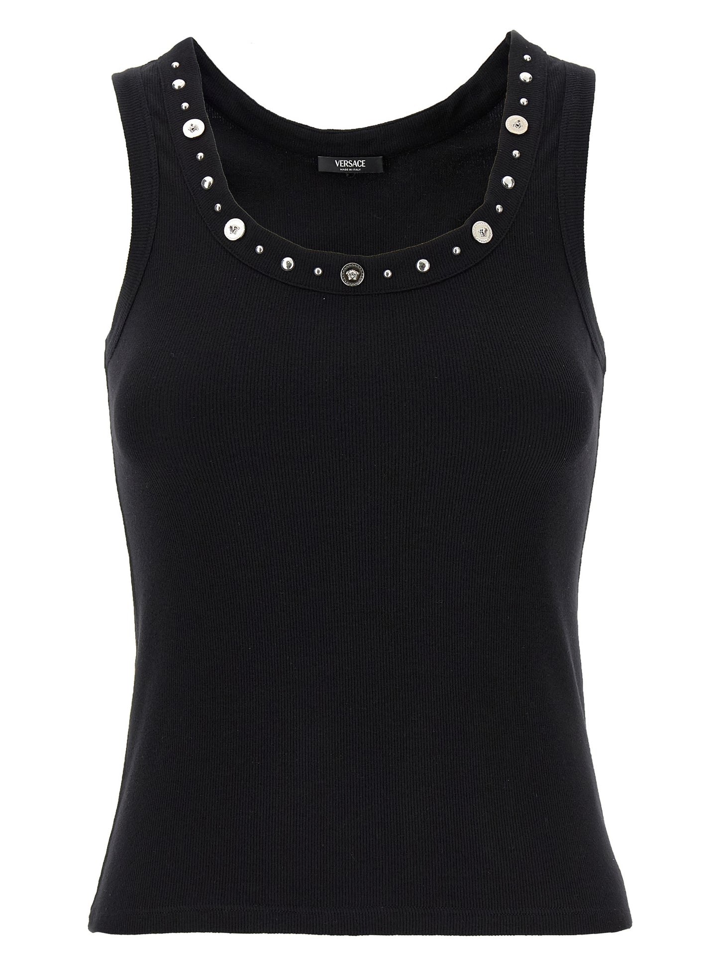 Tank Top by Versace for women in stretch cotton black & signature showcases a sumptuous silhouette, artfully detailed with a sumptuous round neckline and sleeveless for a truly sumptuous finish.