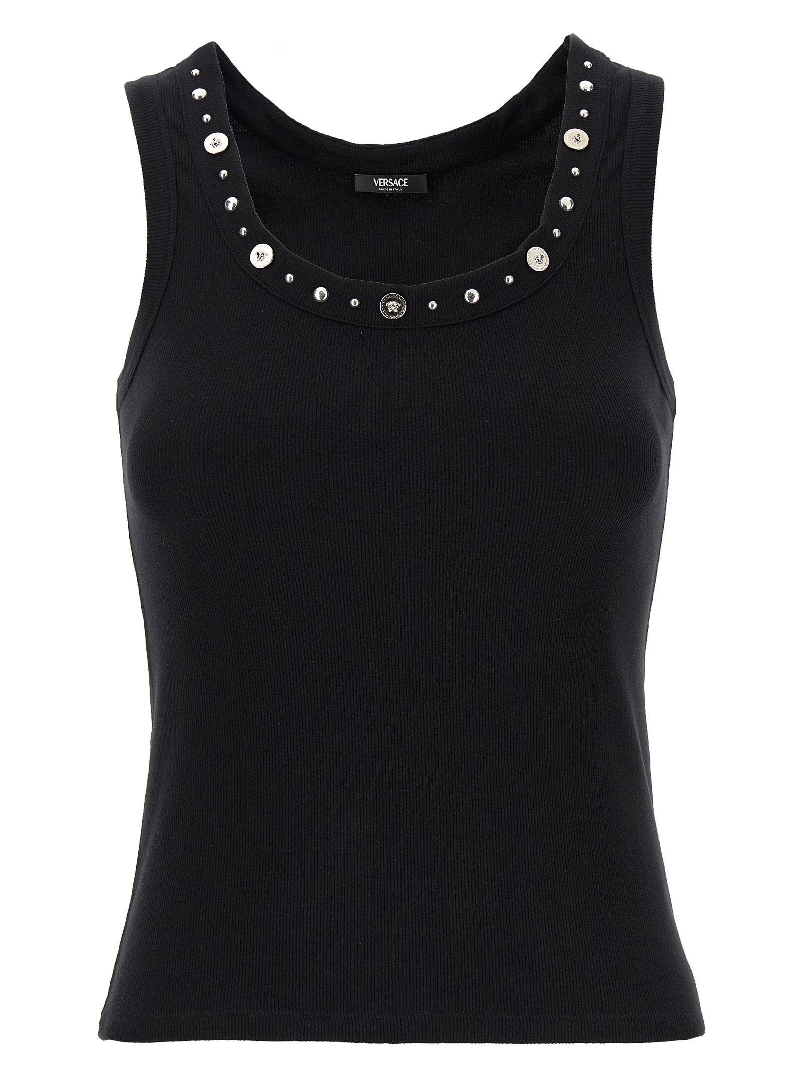 Tank Top by Versace for women in stretch cotton black & signature showcases a sumptuous silhouette, artfully detailed with a sumptuous round neckline and sleeveless for a truly sumptuous finish.