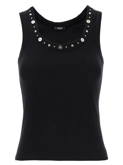 Tank Top by Versace for women in stretch cotton black & signature showcases a sumptuous silhouette, artfully detailed with a sumptuous round neckline and sleeveless for a truly sumptuous finish.