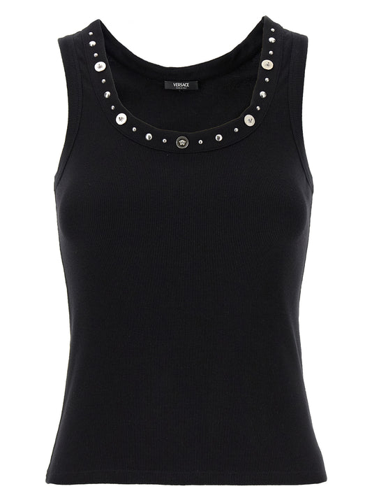 Tank Top by Versace for women in stretch cotton black & signature showcases a sumptuous silhouette, artfully detailed with a sumptuous round neckline and sleeveless for a truly sumptuous finish.