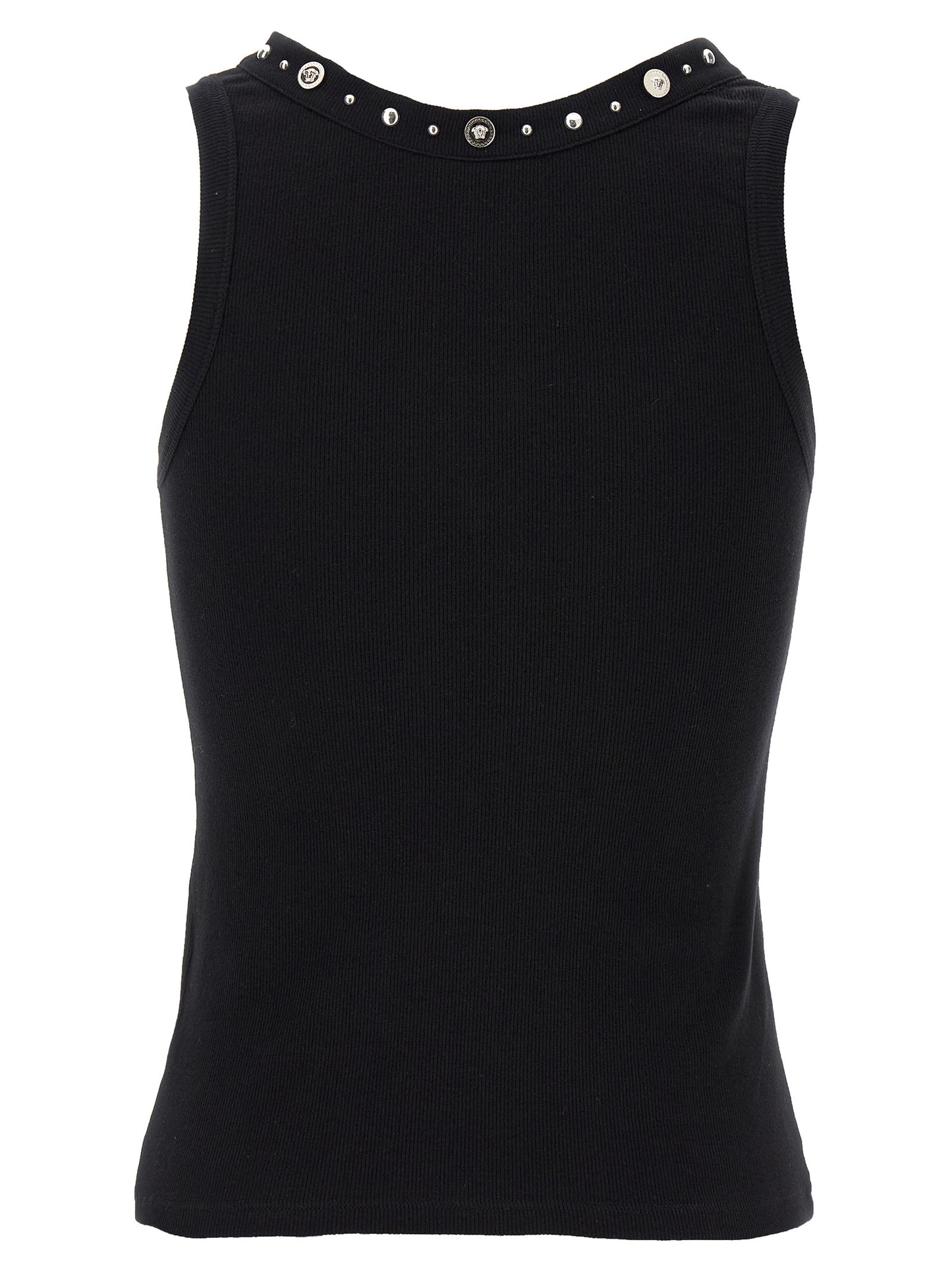 Tank Top by Versace for women in stretch cotton black & signature features an bespeak silhouette, showcasing an bespeak and bespeak round neckline for a truly sophisticated look.