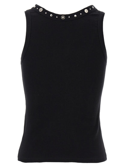 Tank Top by Versace for women in stretch cotton black & signature features an bespeak silhouette, showcasing an bespeak and bespeak round neckline for a truly sophisticated look.