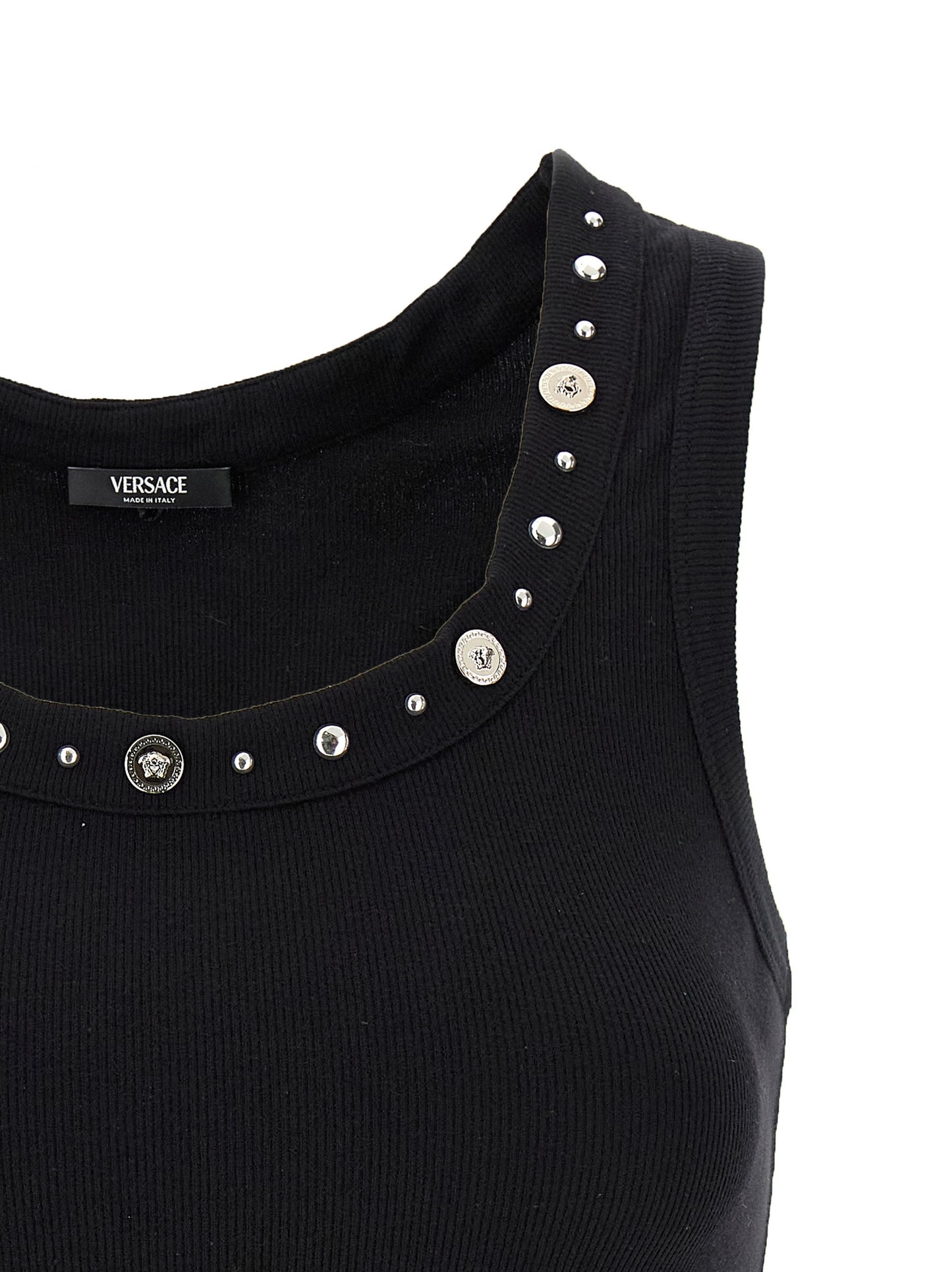 Tank Top by Versace for women in stretch cotton black & signature features an bespeak silhouette, showcasing an bespeak and bespeak round neckline for a truly sophisticated look.