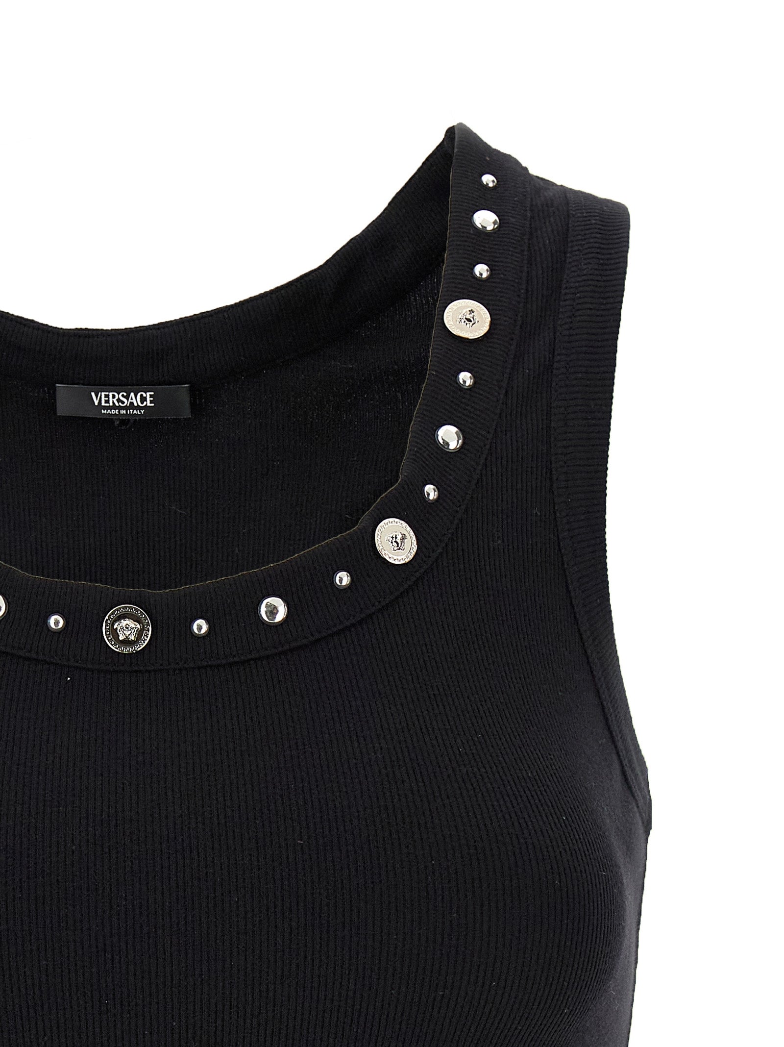 Tank Top by Versace for women in stretch cotton black & signature features an bespeak silhouette, showcasing an bespeak and bespeak round neckline for a truly sophisticated look.
