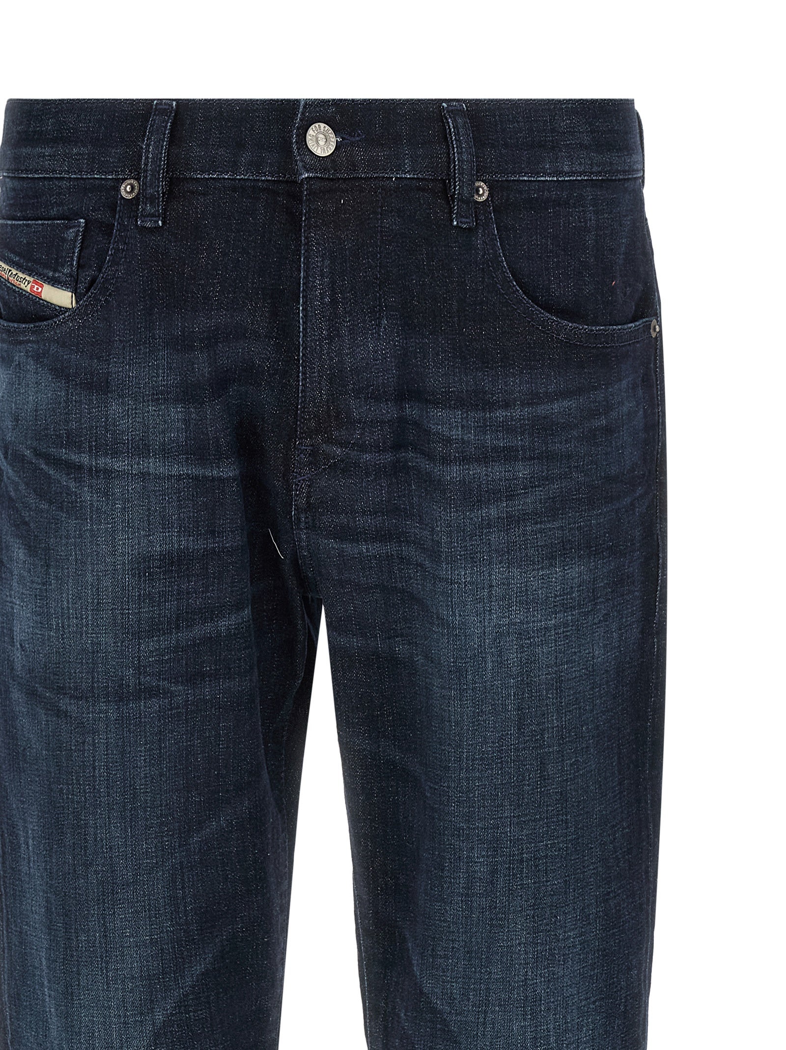 Jeans by Diesel for men in stretch denim cotton blue features an refined tailoring silhouette, showcasing a premium straight-leg with a mid rise and long cut for a refined tailoring look.