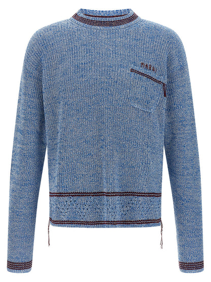 Cardigan by Marni for men in cotton light-blue, patterned & chevron presents a textural silhouette, artfully finished with a textural crew neckline and long-sleeve for a sophisticated, textural look.