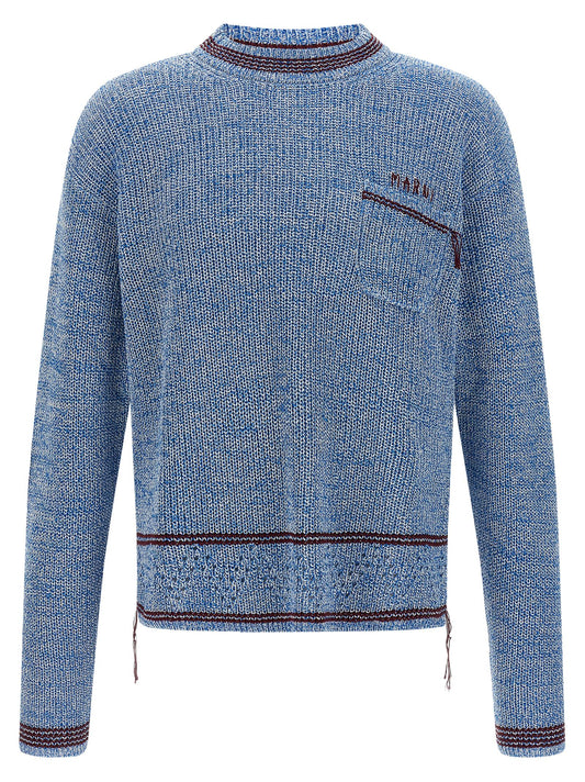 Cardigan by Marni for men in cotton light-blue, patterned & chevron presents a textural silhouette, artfully finished with a textural crew neckline and long-sleeve for a sophisticated, textural look.