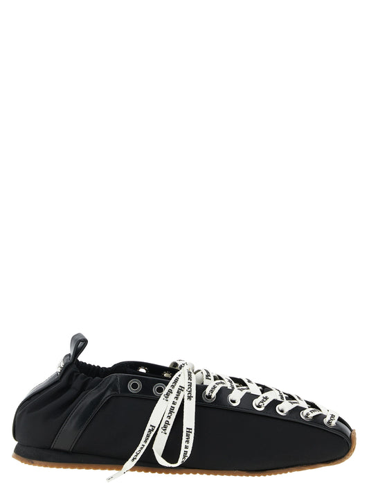 Ballet Flat Shoes by Ganni for women in nylon polyamide polyurethane leather black presents a impeccable silhouette as Women's Nylon Polyamide Polyurethane Leather Ballet Flat Shoes, artfully designed with a and a impeccable square toe style for a refined, upscale finish.