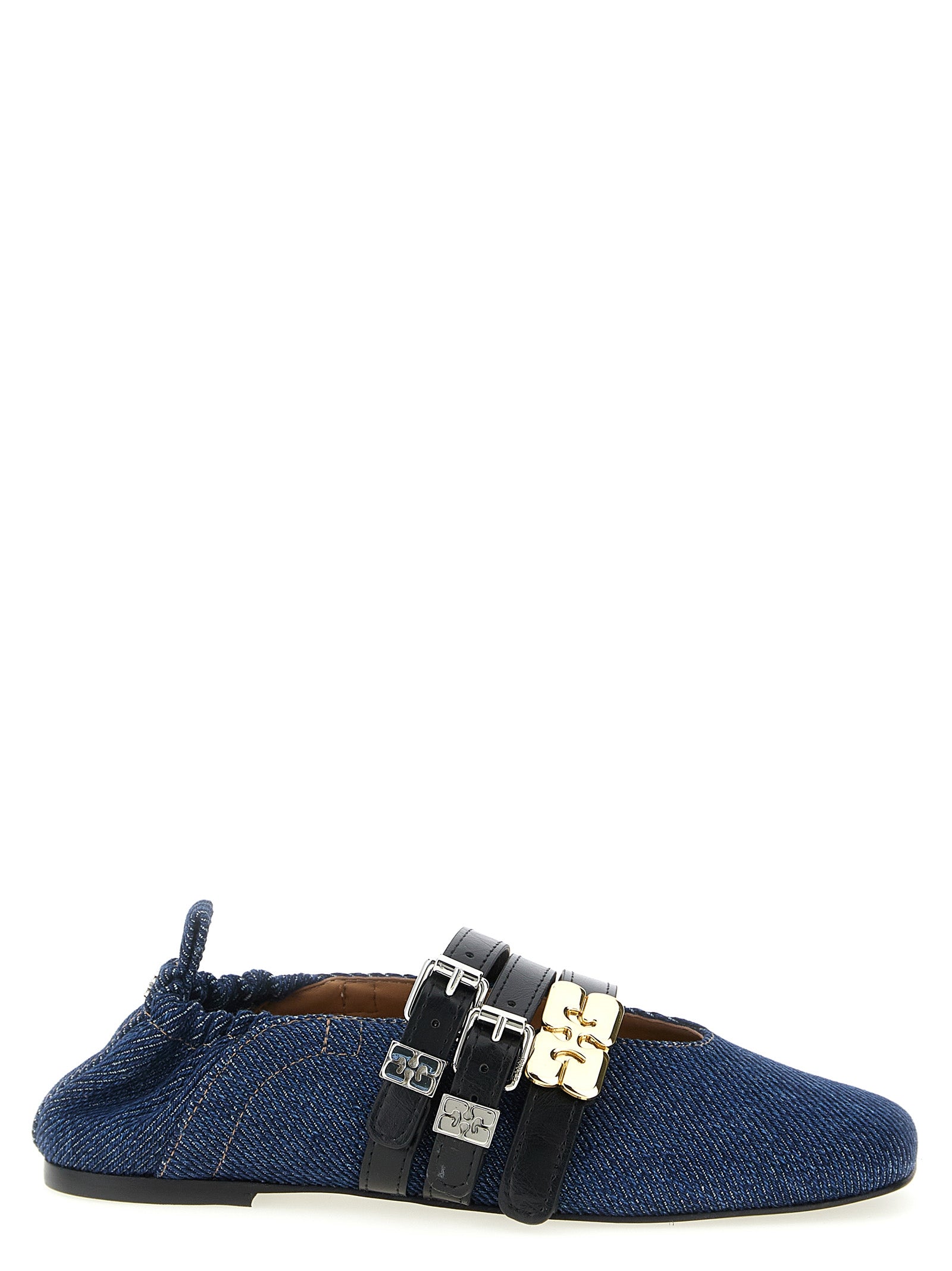 Ballet Flat Shoes by Ganni for women in organic cotton denim blue showcases a resplendent City Women's Organic Cotton Denim Ballet Flat Shoes aesthetic with a and square toe style.