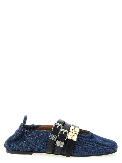Ballet Flat Shoes by Ganni for women in organic cotton denim blue showcases a resplendent City Women's Organic Cotton Denim Ballet Flat Shoes aesthetic with a and square toe style.