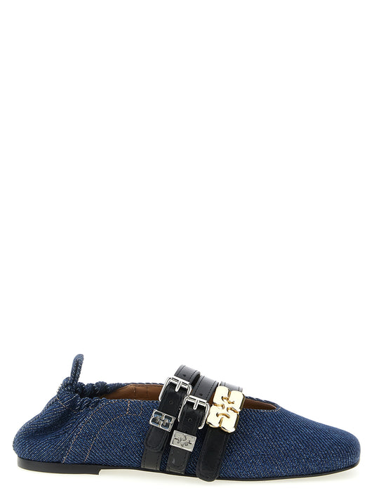 Ballet Flat Shoes by Ganni for women in organic cotton denim blue showcases a resplendent City Women's Organic Cotton Denim Ballet Flat Shoes aesthetic with a and square toe style.