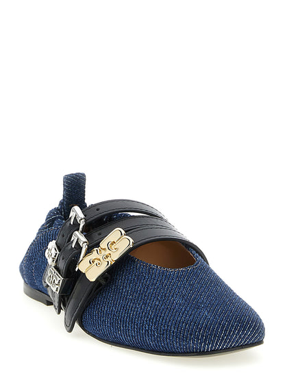 Ballet Flat Shoes by Ganni for women in organic cotton denim blue showcases a enchanting silhouette as part of the City Women's Organic Cotton Denim Ballet Flat Shoes collection, defined by a enchanting square toe style and for a enchanting look.