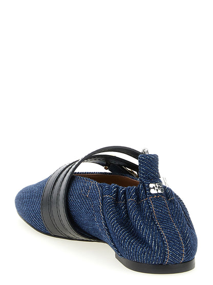 Ballet Flat Shoes by Ganni for women in organic cotton denim blue features an captivating silhouette, showcasing the captivating style of the City Women's Organic Cotton Denim Ballet Flat Shoes with its distinct and refined square toe style.