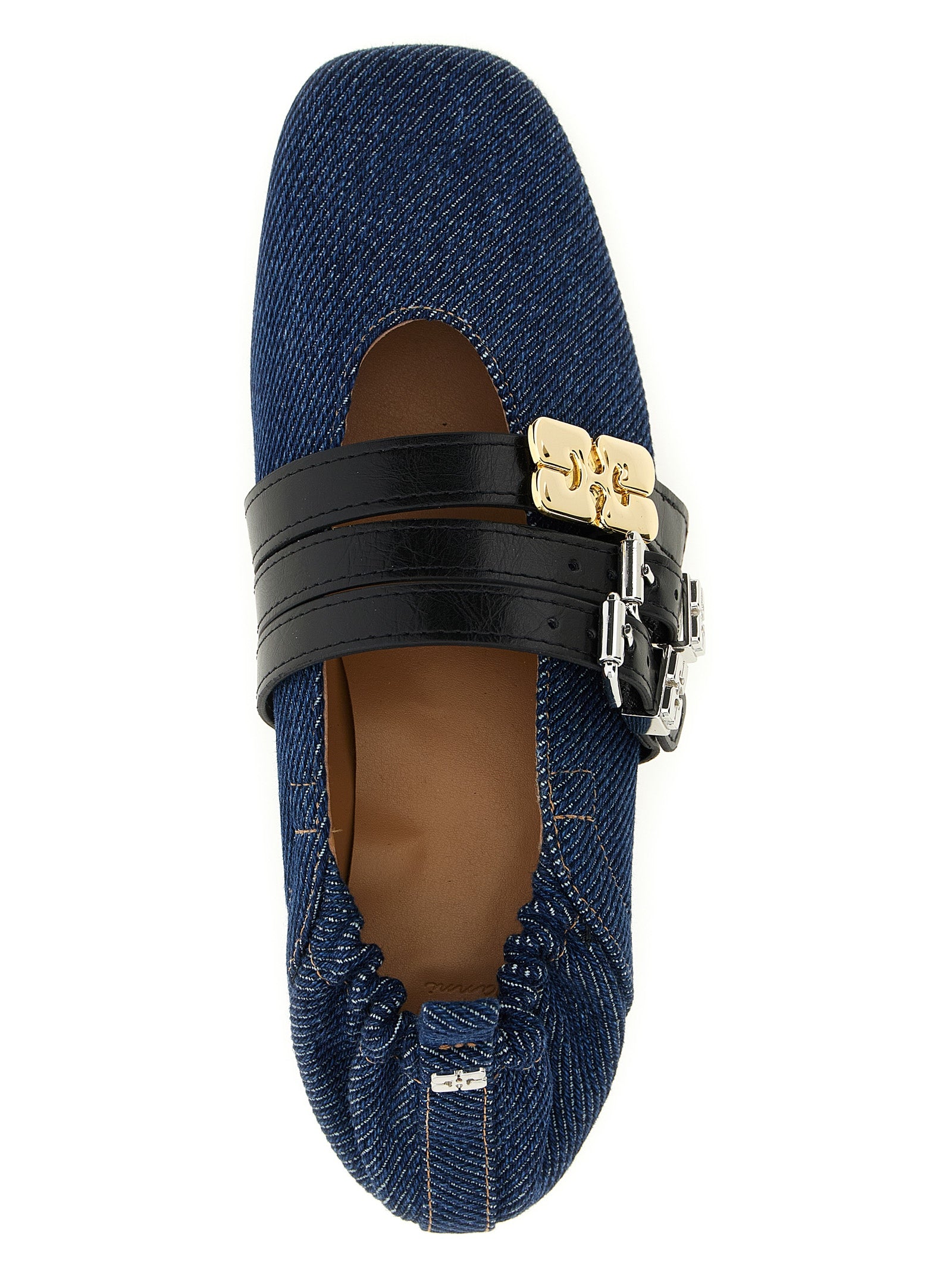 Ballet Flat Shoes by Ganni for women in organic cotton denim blue presents a effortless chic silhouette, showcasing the City Women's Organic Cotton Denim Ballet Flat Shoes design with a effortless chic and square toe style for a sophisticated look.