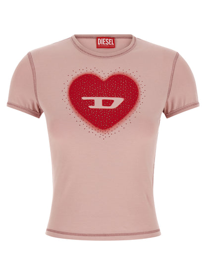 T-Shirt by Diesel for women in stretch cotton & rhinestone multicolor, pink & print showcases a unassuming silhouette, artfully detailed with a refined crew neckline and unassuming short-sleeve for a sophisticated, contemporary look.