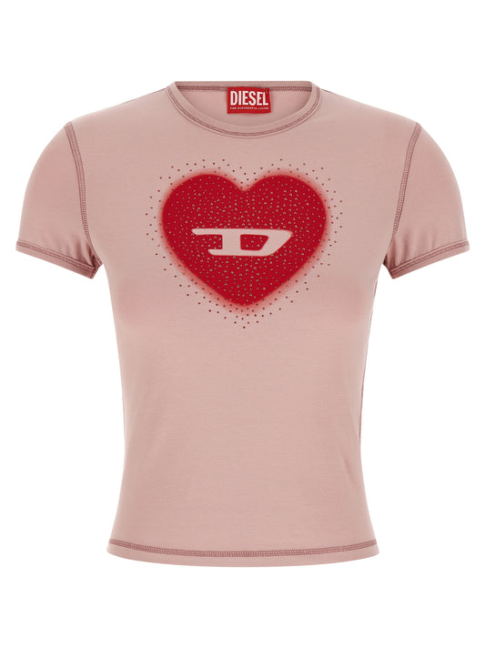 T-Shirt by Diesel for women in stretch cotton & rhinestone multicolor, pink & print showcases a unassuming silhouette, artfully detailed with a refined crew neckline and unassuming short-sleeve for a sophisticated, contemporary look.