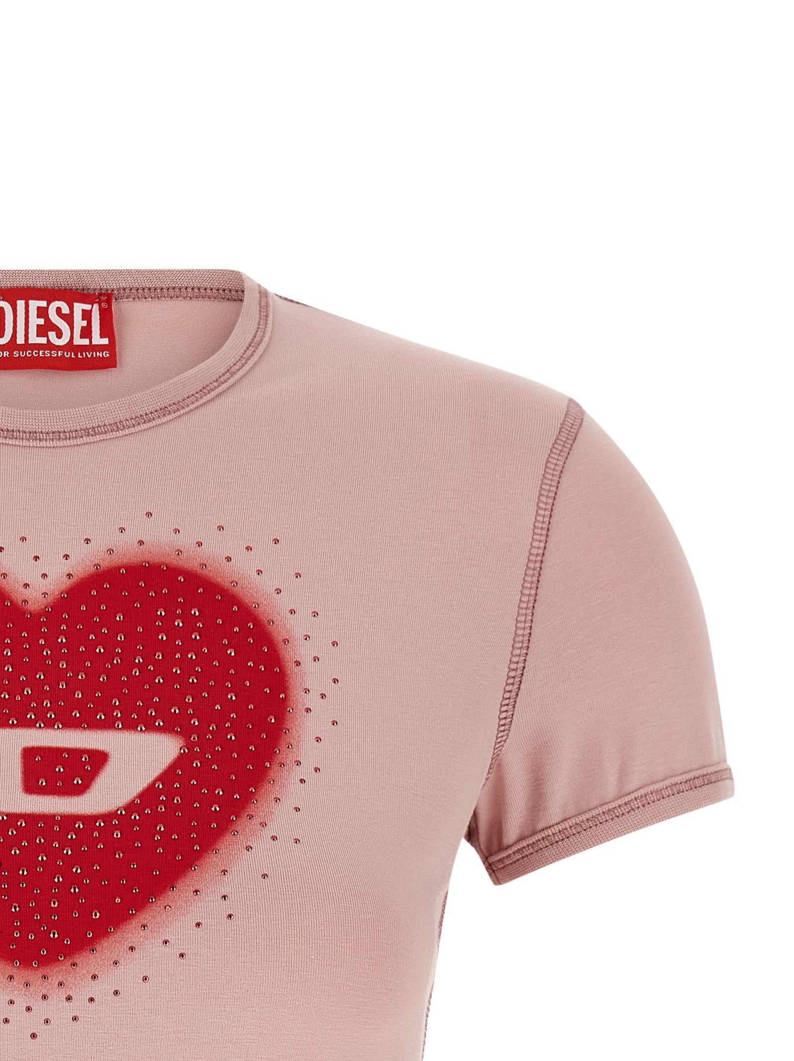 T-Shirt by Diesel for women in stretch cotton & rhinestone multicolor, pink & print showcases a chic silhouette, artfully detailed with a chic crew neckline and for a chic finish.