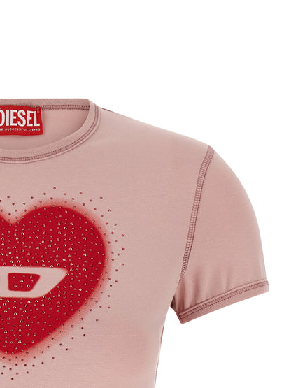 T-Shirt by Diesel for women in stretch cotton & rhinestone multicolor, pink & print showcases a chic silhouette, artfully detailed with a chic crew neckline and for a chic finish.