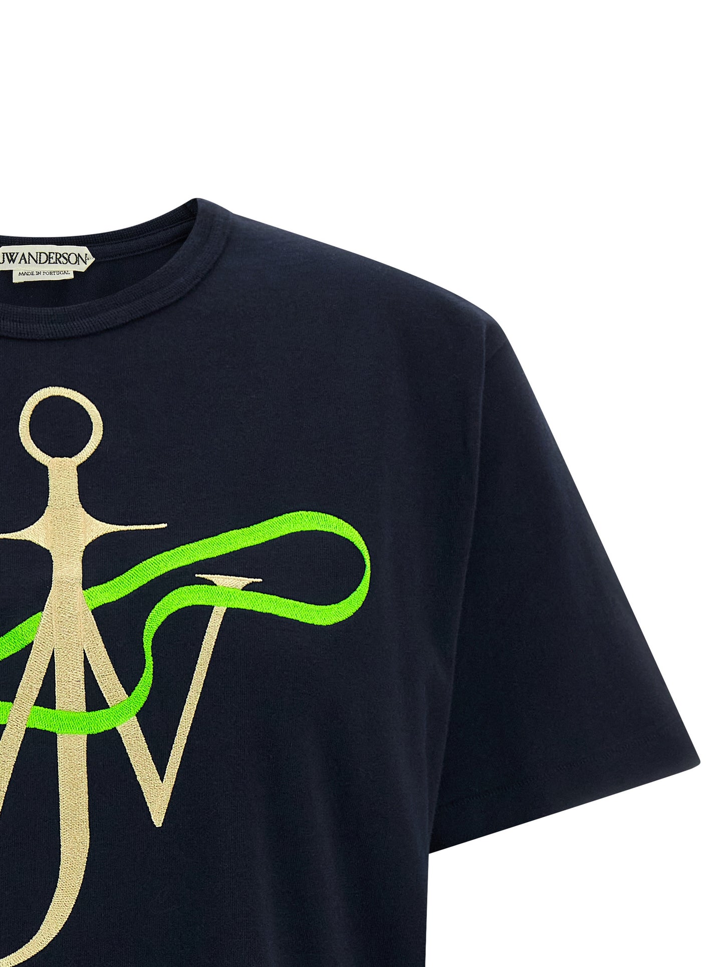 T-Shirt by J.W.Anderson for women in cotton black showcases a fashionable silhouette, elegantly detailed with a fashionable and crew neckline for a sophisticated, high-fashion look.