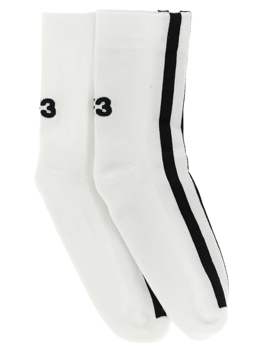 Socks by Y-3 for unisex in stretch poly cotton bicolour, black, white & striped features a snug silhouette, artfully capturing the essence of the snug Unisex Stretch Poly Cotton Socks design for a sophisticated look.